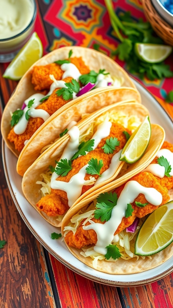 Crispy fish tacos with lime crema, garnished with cabbage and cilantro, served with lime wedges.